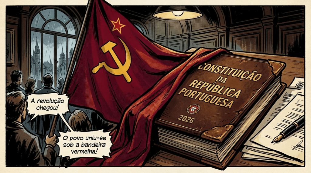 Crowd holding red flag with hammer and sickle near a large 1976 Portuguese Constitution book