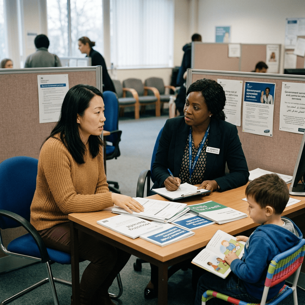 Adult discussing benefits with official, child nearby